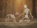 Szkielet psa, z widoczną budową ogona, dostaje patyk od klęczącego szkieletu człowieka.