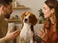 Beagle siedzi między parą, która dyskutuje. Czy pies rozumie ludzką mowę? Jego spojrzenie sugeruje, że tak.