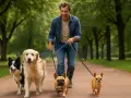 Uśmiechnięty mężczyzna spaceruje po parku z czwórką bardzo dziwnych psów: border collie, golden retrieverem, buldogiem francuskim i chihuahuą.