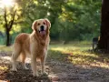 Szczęśliwy golden retriever stoi w parku, ciesząc się słońcem.