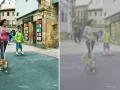 Jak widzi pies: rozmyte postacie na ulicy, kobieta z psem na smyczy, chłopiec na rolkach.