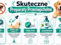 Grafika przedstawia metody zwalczania pcheł u psa: obroże, spot-on, tabletki, szampony i spraye.