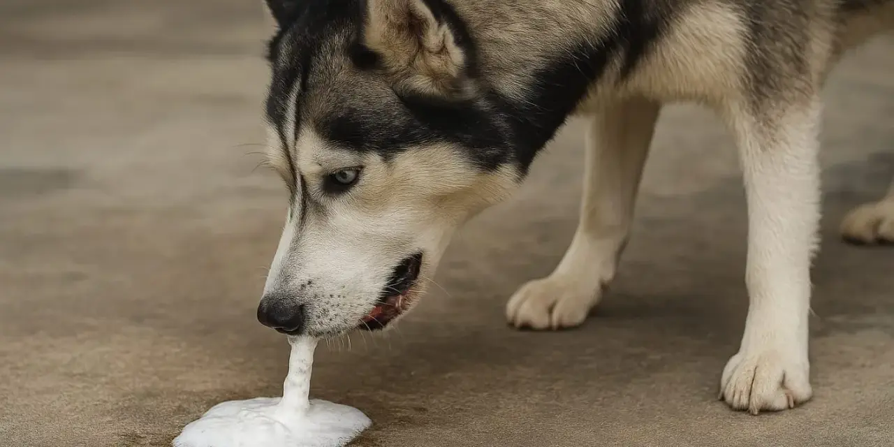 Pies rasy husky je trawę i wymiotuje pianą. Wygląda na to, że coś mu zaszkodziło.