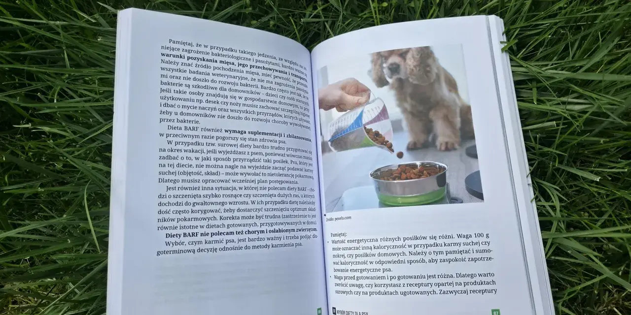 Wybór, czym karmić psa, jest ważny. Książka omawia różne diety, w tym BARF, i podpowiada, jak zapewnić psu zbilansowane żywienie.