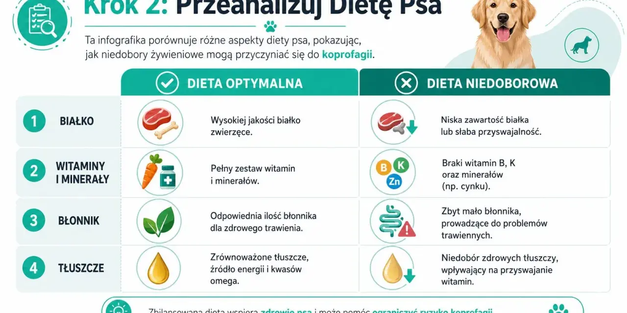 Infografika pokazuje, dlaczego pies je kupy: niedobory białka, witamin, błonnika i tłuszczu w diecie mogą prowadzić do koprofagii.