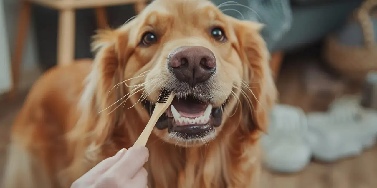 Złoty retriever z uśmiechem na pysku, któremu ktoś szczotkuje zęby. Uważaj, bo może się okazać, że dentastix szkodzi.
