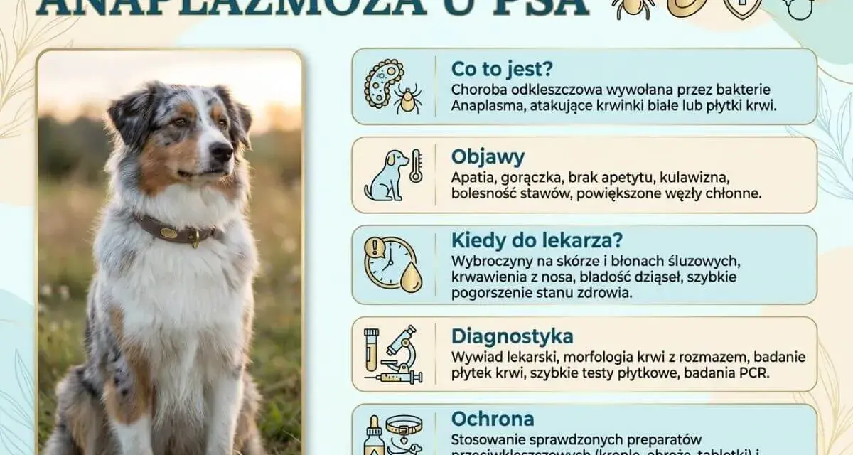 Piękny pies rasy Aussie siedzi na trawie. Obok grafika informuje o anaplazmozie u psa, jej objawach i leczeniu.