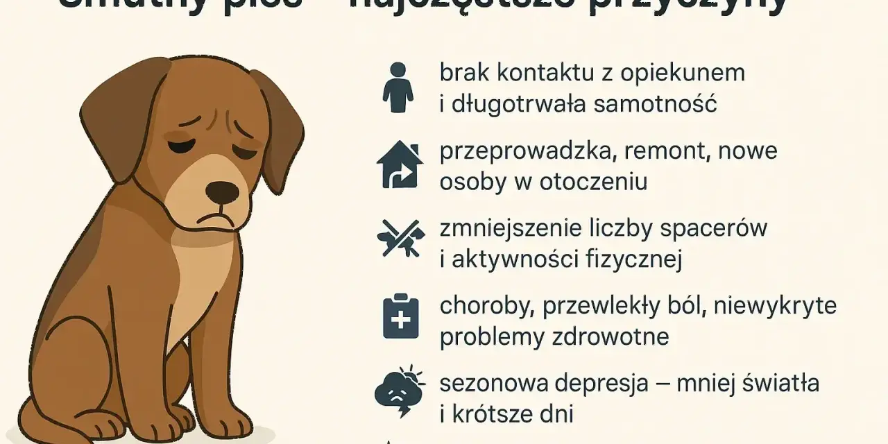 Smutny pies skomli z wielu powodów: samotność, zmiany w domu, brak ruchu, ból, a nawet depresja.