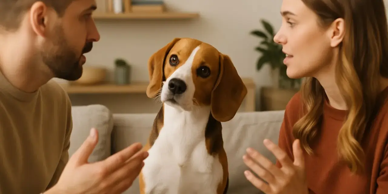 Beagle siedzi między parą, która dyskutuje. Czy pies rozumie ludzką mowę? Jego spojrzenie sugeruje, że tak.