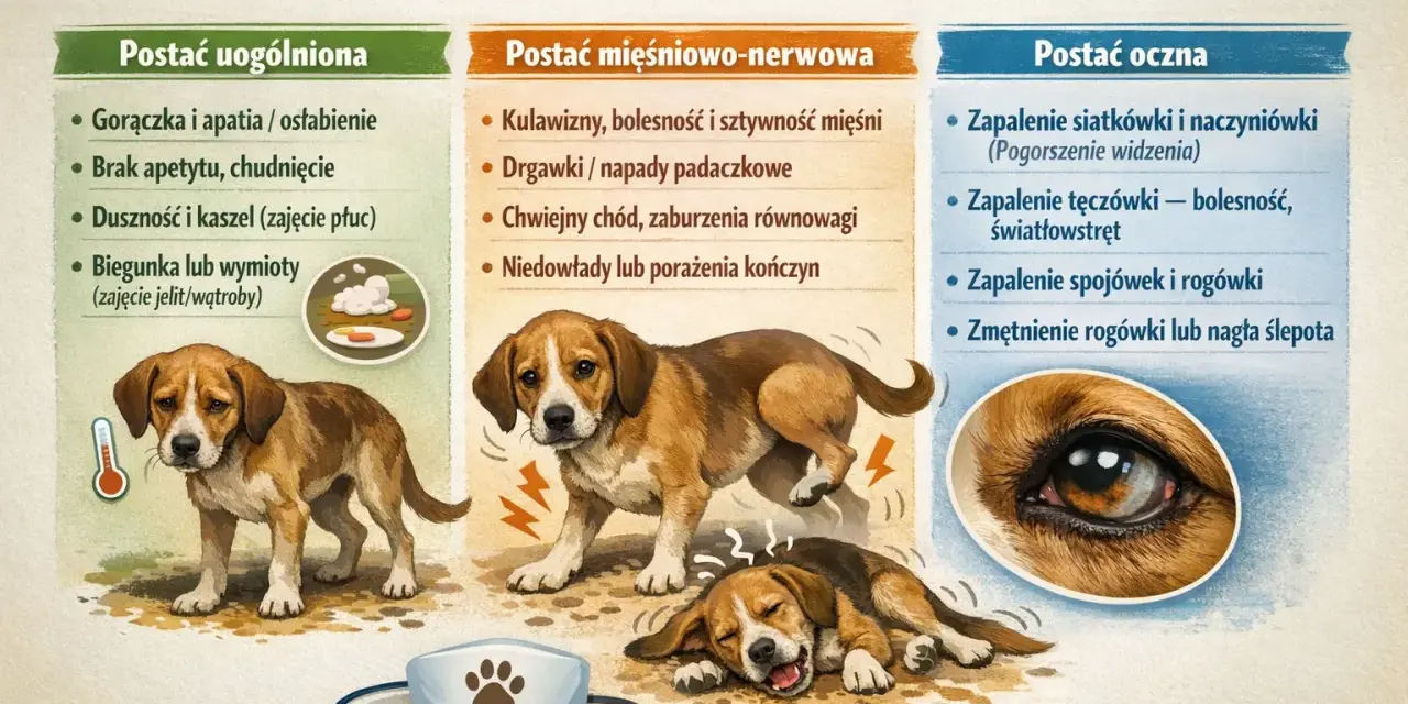 Ilustracja przedstawia objawy toksoplazmozy u psa: gorączkę, brak apetytu, duszności, biegunki, drgawki, problemy z chodzeniem i oczami.