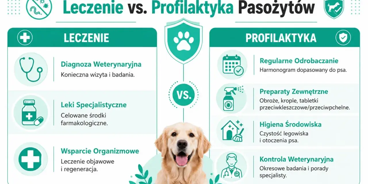 Grafika porównuje leczenie i profilaktykę przeciwpasożytniczą u psów. Pokazuje, że robaki u psa wymagają diagnozy i leków, podczas gdy profilaktyka to regularne odrobaczanie i dbanie o higienę.