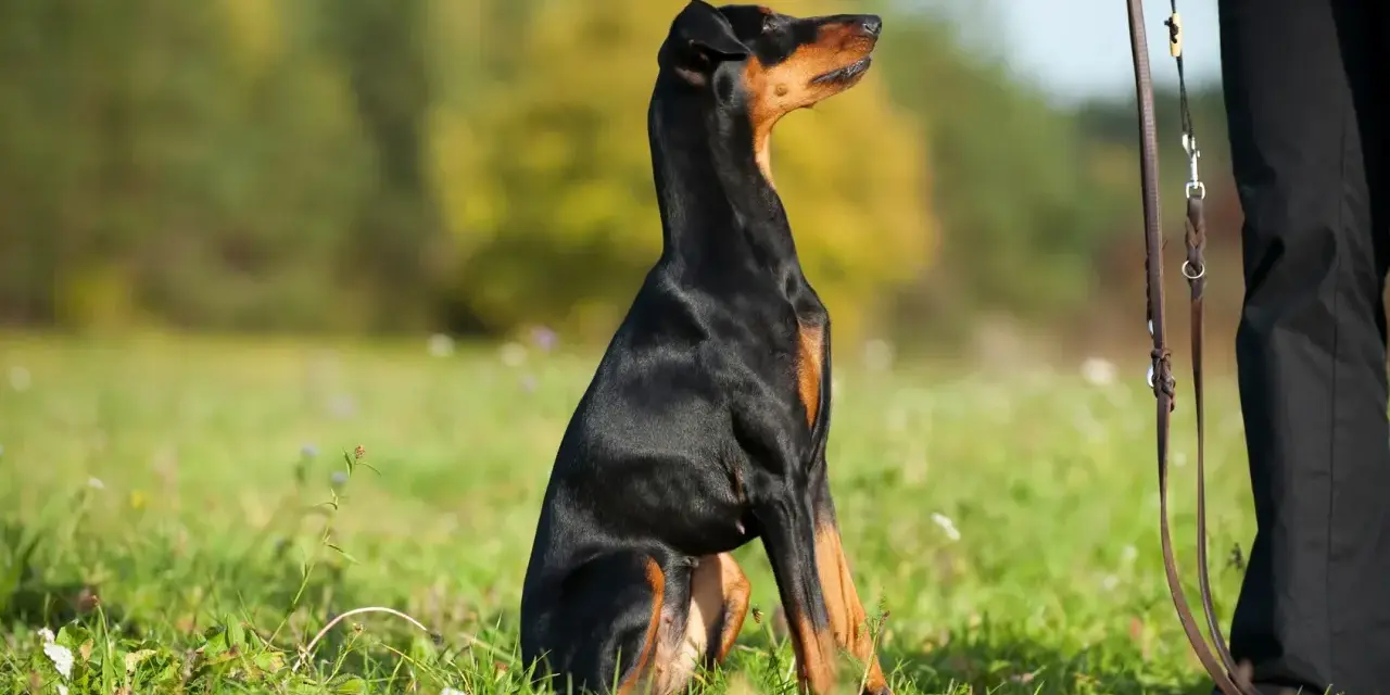 Doberman siedzi na trawie, patrząc na swojego pana. To obrazek o tym, jak zostać alfa dla psa.