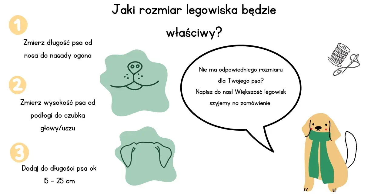 Jak dobrać rozmiar legowiska dla psa? Zmierz długość i wysokość pupila, dodaj ok. 15-25 cm. Nie ma idealnego? Szyjemy na zamówienie!