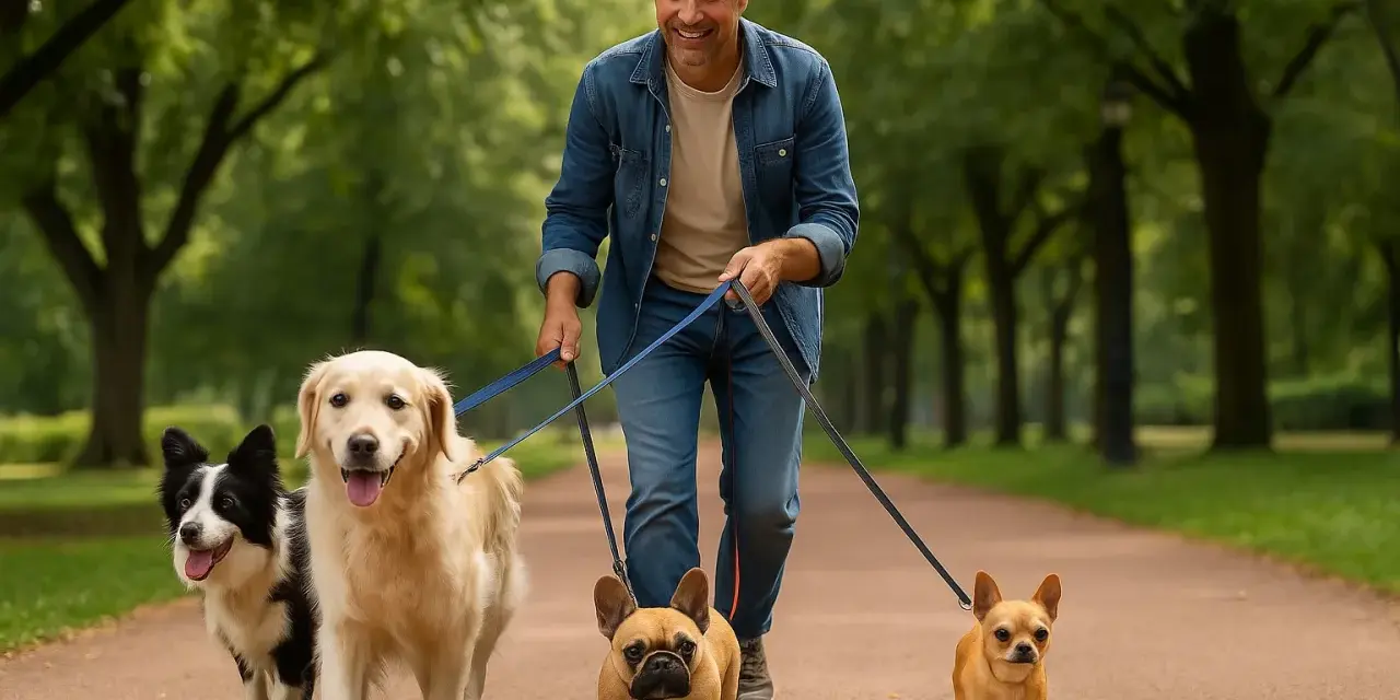 Uśmiechnięty mężczyzna spaceruje po parku z czwórką bardzo dziwnych psów: border collie, golden retrieverem, buldogiem francuskim i chihuahuą.
