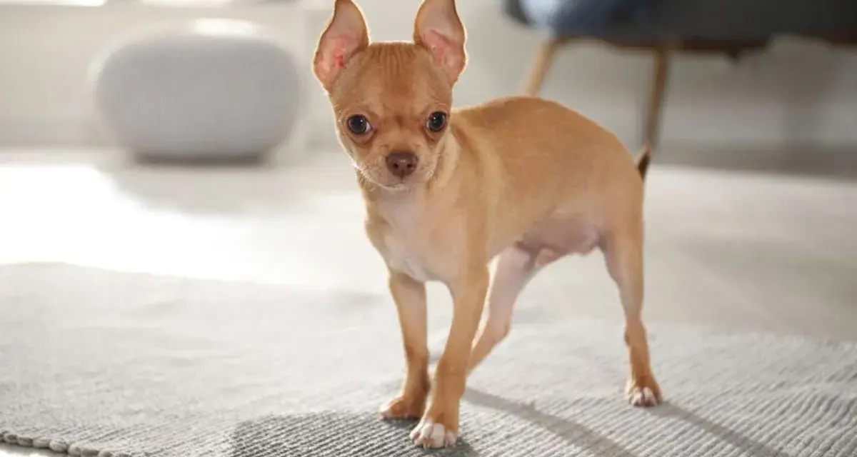 Mały, rudy szczeniak chihuahua stoi na dywaniku. Wygląda, jakby miał zaraz coś zrobić, może nawet szczeniak sika co 10 minut.