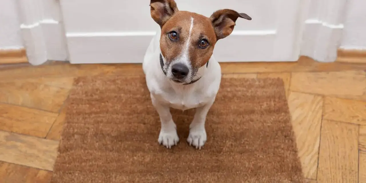 Jack Russell na wycieraczce, czekający na dźwięki. Proces odwrażliwiania psa na dźwięki wymaga cierpliwości.