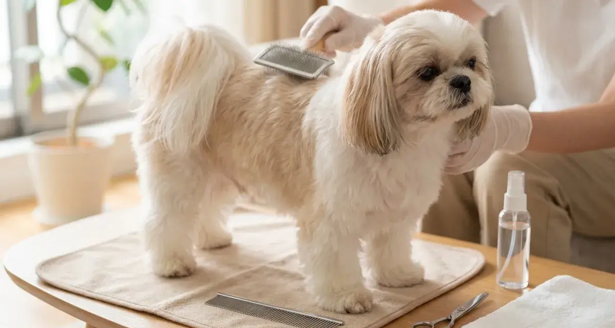Uroczy shih tzu amerykański czesany przez opiekuna. Na stole leżą grzebień, nożyczki i ręcznik.