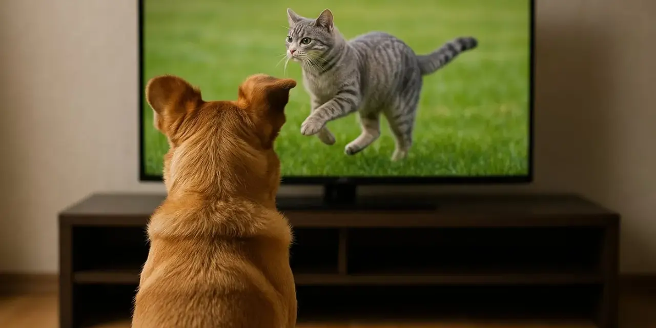 Rudy pies z uwagą obserwuje na ekranie telewizora uciekającego kota. Tak właśnie widzi pies telewizor, gdy na ekranie pojawia się jego ulubiony przeciwnik.