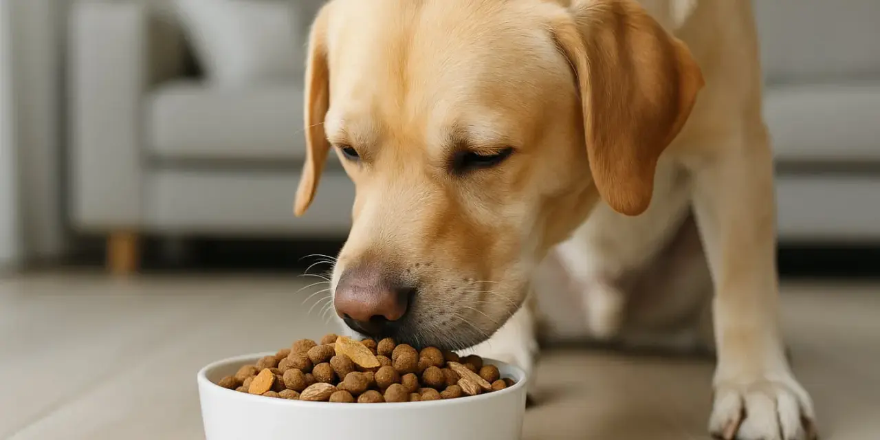 Złoty labrador z apetytem zjada karmę. Dbałość o dietę pomaga zapobiegać labrador choroby.