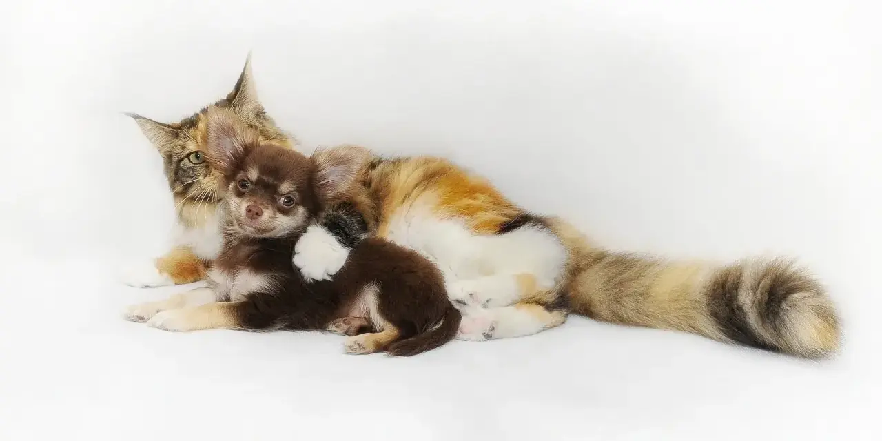 Mały piesek chihuahua przytula się do dużego kota. Ich przyjaźń jest urocza.