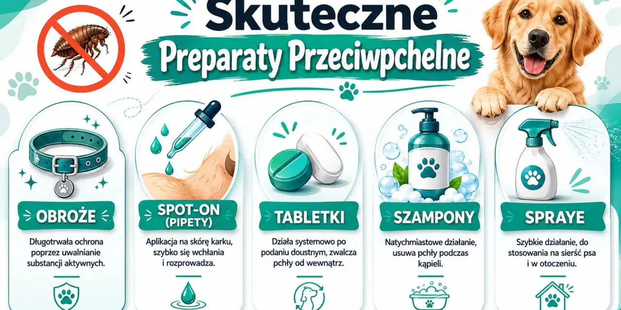 Grafika przedstawia metody zwalczania pcheł u psa: obroże, spot-on, tabletki, szampony i spraye.
