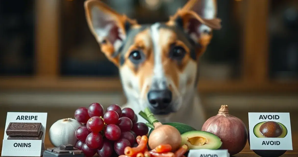 Pies patrzy na stół z winogronami, cebulą, awokado i czekoladą. Dowiedz się, jakie przyprawy dla psa są bezpieczne, a jakie szkodliwe.