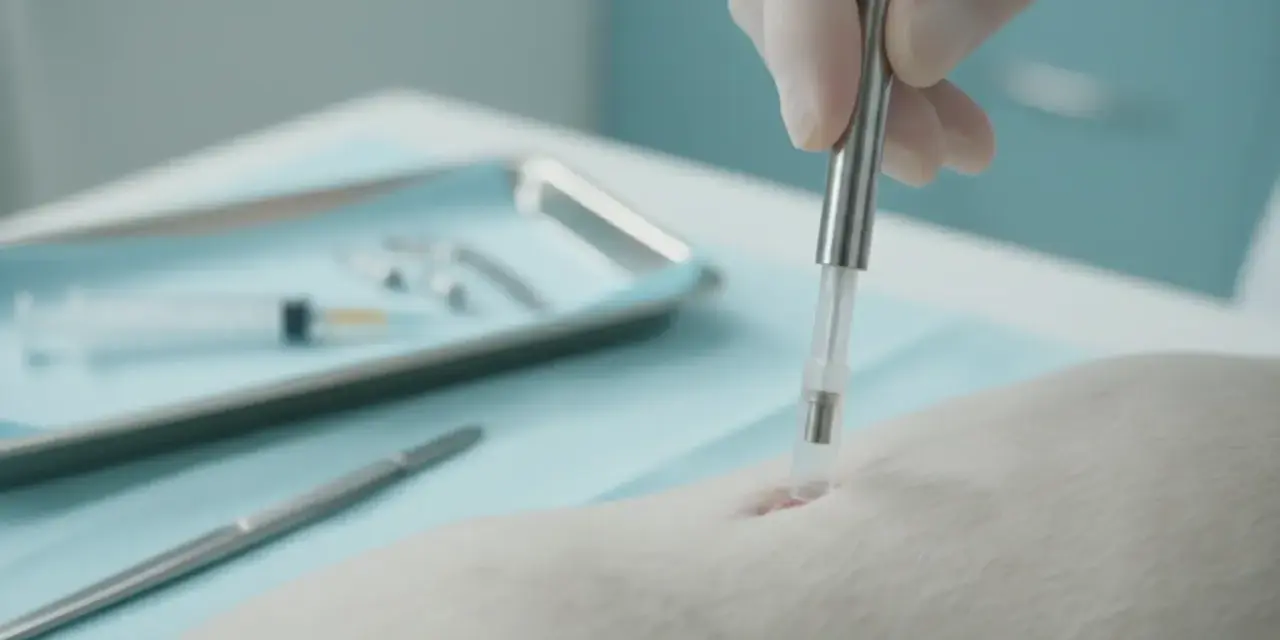 Zabieg kastracji chemicznej psa. Weterynarz w rękawiczce wprowadza implant pod skórę zwierzęcia.