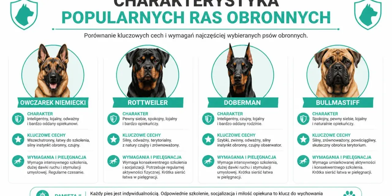 Cztery psy obronne: owczarek niemiecki, rottweiler, doberman i bullmastiff. Każdy z nich, mimo potencjalnie agresywne psy, wymaga odpowiedniego szkolenia.
