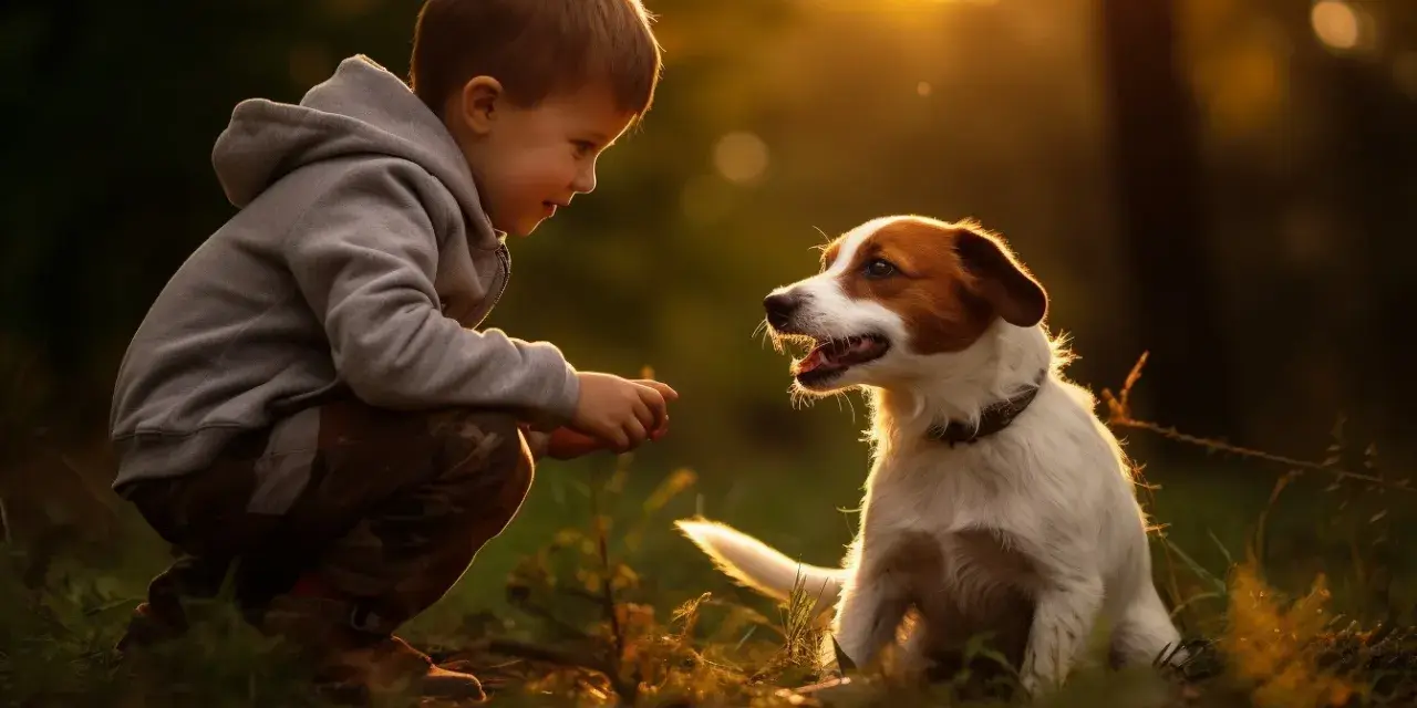 Chłopiec i jack russell terrier w złotym świetle zachodzącego słońca. Ich spojrzenia się krzyżują, tworząc magiczną więź między dziećmi a ich czworonożnymi przyjaciółmi.