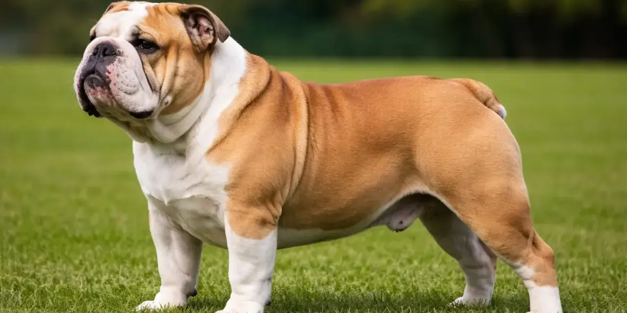 Potężny buldog angielski o brązowo-białym umaszczeniu stoi na zielonej trawie, prezentując swoją charakterystyczną sylwetkę.