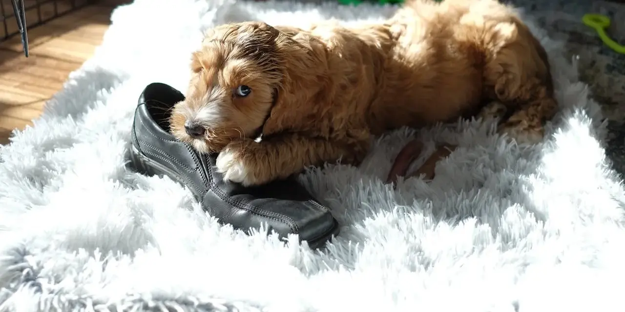 Szczeniak gryzie buta, bo tak poznaje świat. To jego sposób na naukę, dlaczego pies gryzie.