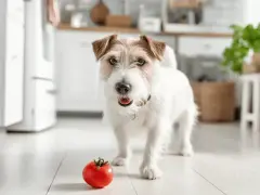 Biały piesek z brązowymi uszami stoi obok czerwonego pomidora w kuchni.