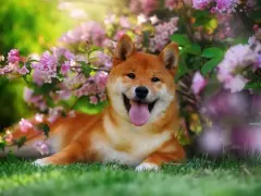 Uśmiechnięty pies rasy Shiba Inu, jeden z popularnych psów z Japonii, leży na trawie wśród kwitnących krzewów.