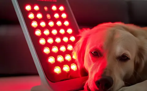 Złoty retriever odpoczywa przy czerwonym świetle. Czy zostawiać psu zapalone światło? To pytanie nurtuje wielu właścicieli.