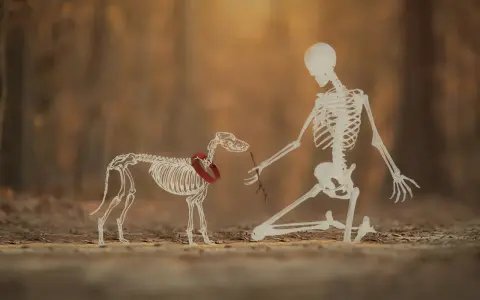 Szkielet psa, z widoczną budową ogona, dostaje patyk od klęczącego szkieletu człowieka.