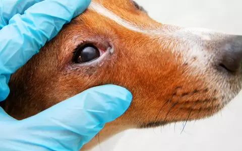 Wet, inflamed eye area on a dog, indicating potential jaskra u psa objawy. Wet, inflamed eye area on a dog, indicating potential jaskra u psa objawy.