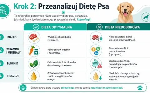 Infografika pokazuje, dlaczego pies je kupy: niedobory białka, witamin, błonnika i tłuszczu w diecie mogą prowadzić do koprofagii.