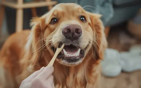 Złoty retriever z uśmiechem na pysku, któremu ktoś szczotkuje zęby. Uważaj, bo może się okazać, że dentastix szkodzi.