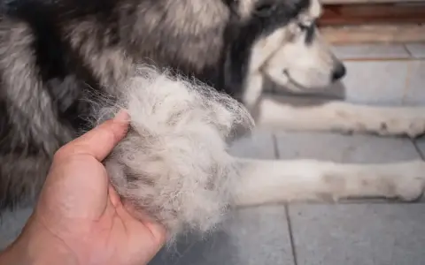 Ręka trzyma kłębek sierści, który wypadł z husky. Pies leży obok, przygotowany do czesania.