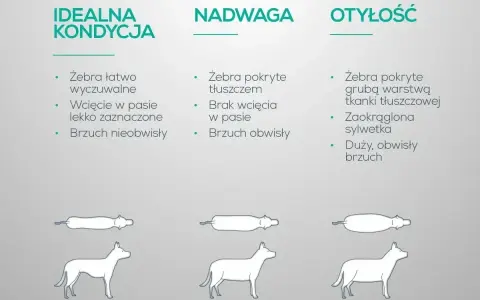 Otyły pies ma żebra pokryte grubą warstwą tłuszczu, zaokrągloną sylwetkę i duży, obwisły brzuch.