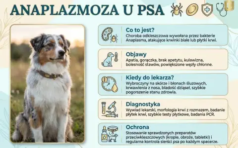 Piękny pies rasy Aussie siedzi na trawie. Obok grafika informuje o anaplazmozie u psa, jej objawach i leczeniu.