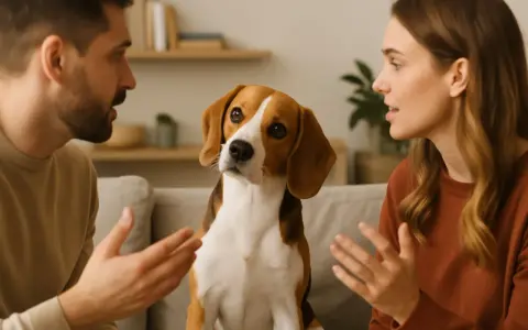 Beagle siedzi między parą, która dyskutuje. Czy pies rozumie ludzką mowę? Jego spojrzenie sugeruje, że tak.
