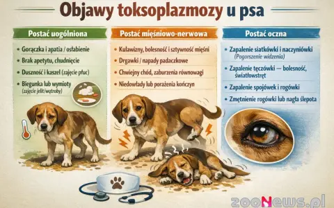 Ilustracja przedstawia objawy toksoplazmozy u psa: gorączkę, brak apetytu, duszności, biegunki, drgawki, problemy z chodzeniem i oczami.