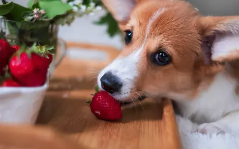 Corgi delikatnie wącha truskawkę, zastanawiając się, czy pies może jeść truskawki.
