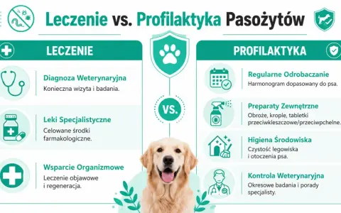 Grafika porównuje leczenie i profilaktykę przeciwpasożytniczą u psów. Pokazuje, że robaki u psa wymagają diagnozy i leków, podczas gdy profilaktyka to regularne odrobaczanie i dbanie o higienę.