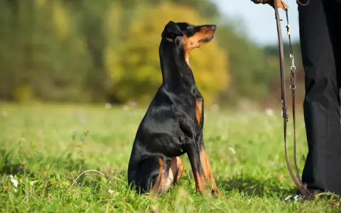 Doberman siedzi na trawie, patrząc na swojego pana. To obrazek o tym, jak zostać alfa dla psa.