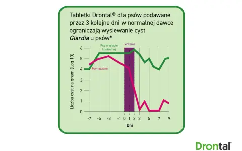 Wykres porównujący liczbę cyst Giardia u psów leczonych i kontrolnych. Leczenie Drontalem znacząco ogranicza wysiew cyst.