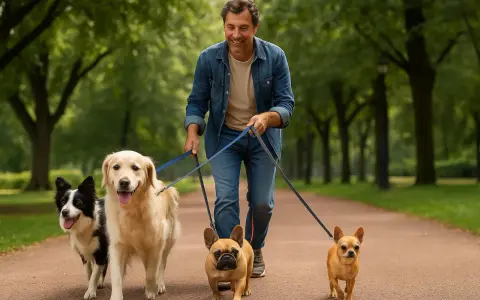 Uśmiechnięty mężczyzna spaceruje po parku z czwórką bardzo dziwnych psów: border collie, golden retrieverem, buldogiem francuskim i chihuahuą.