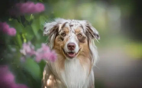 Piękny pies rasy Aussie z charakterystycznym umaszczeniem merle, otoczony kwitnącymi krzewami.