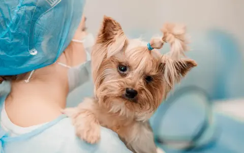 Mały yorkshire terrier z problemami neurologicznymi u weterynarza. Piesek ma zawiązane na gumkę włoski na głowie.